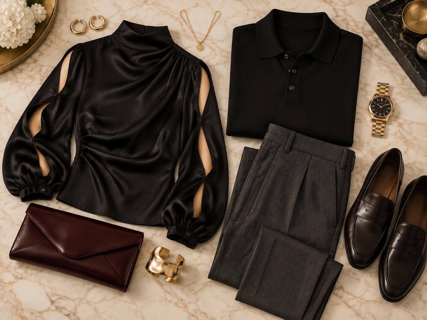A luxurious his-and-hers evening capsule: black cut-out sleeve top, gold jewellery, oxblood clutch, black knit polo, charcoal trousers and loafers on marble