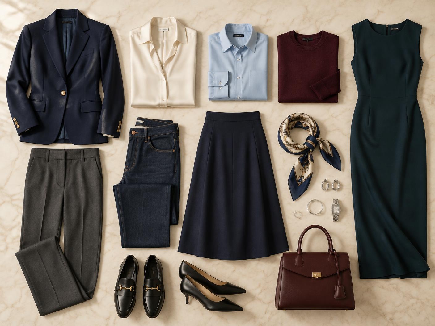 Navy, charcoal, ivory, burgundy and teal capsule wardrobe flat lay