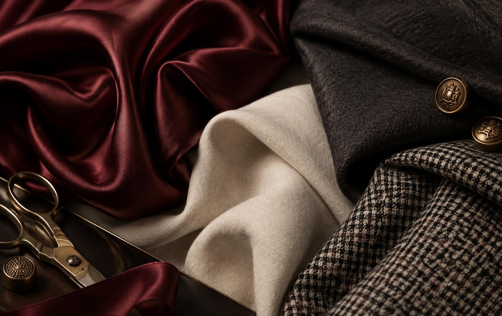 Oxblood satin, ivory linen, wool and tailoring details