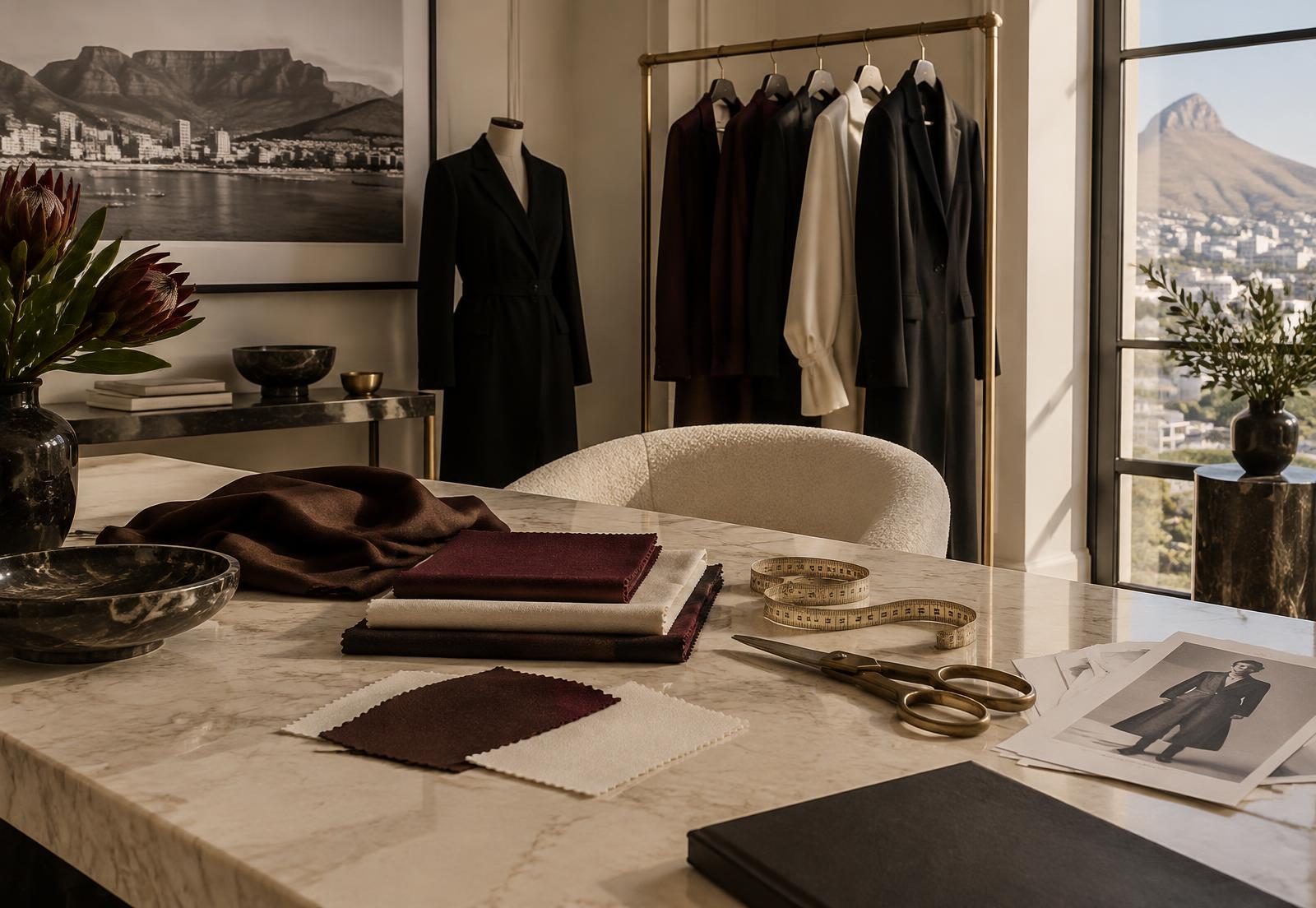 Cape Town stylist workspace with tailoring and fabric swatches